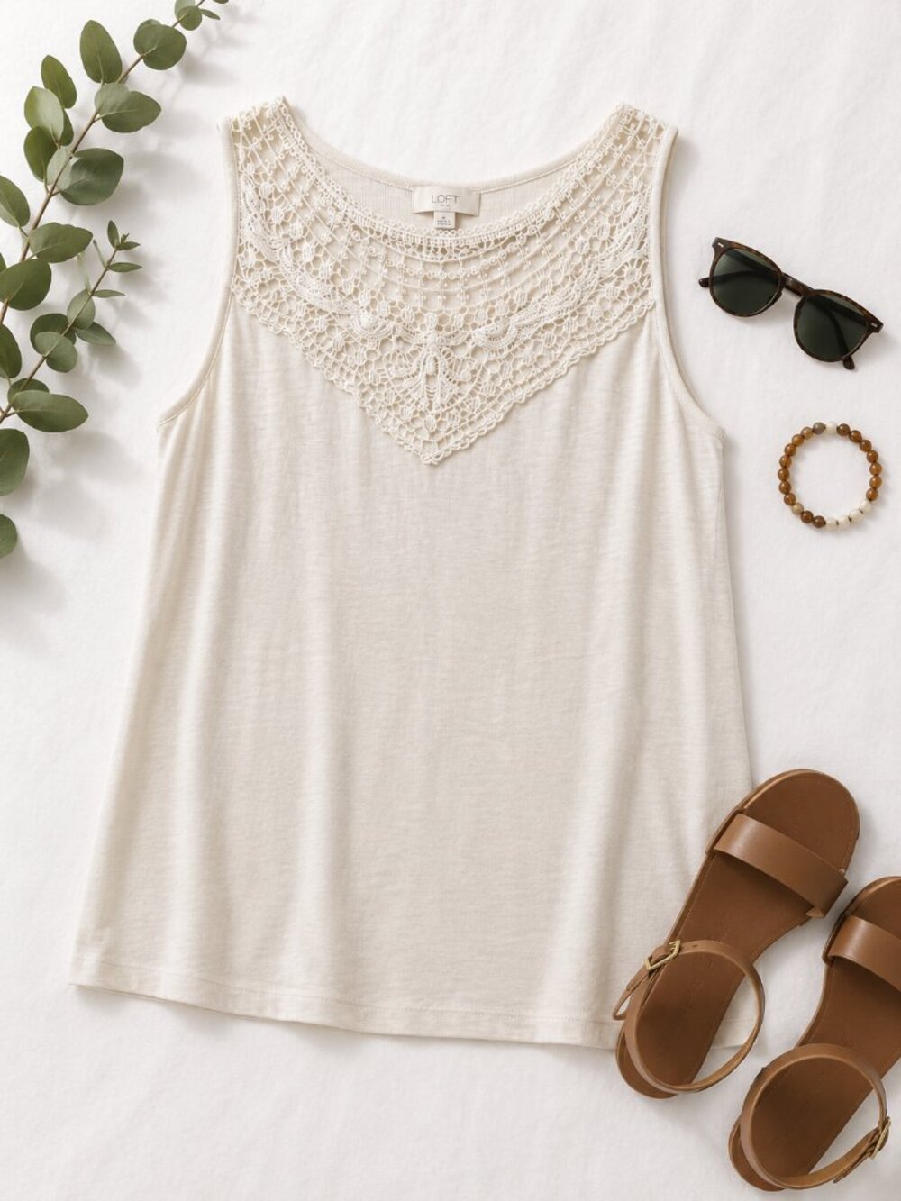 LOFT Outlet White Lace Yoke Sleeveless Tank Top Medium Boho Cottagecore